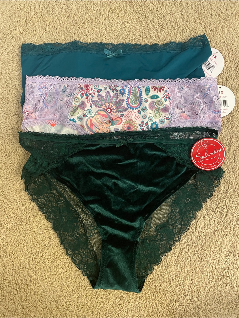Splendid Teal, Lavender & Emerald Lace Bikini Panty 3-Pack